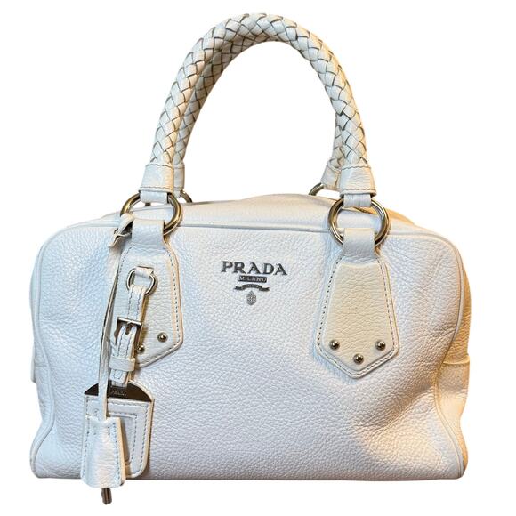 Prada Vitello Daino Handbag Pebbled Leather Braided Handle Zipper Lock Off-White - Picture 1 of 13
